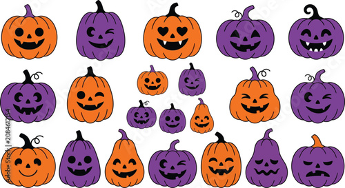 Set of fifteen cute kawaii jack-o'-lantern pumpkins with various expressions for autumn holidays.