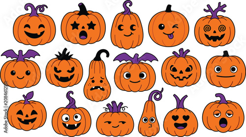 Fifteen cute kawaii Halloween pumpkins with funny faces and creative accessories for seasonal art.