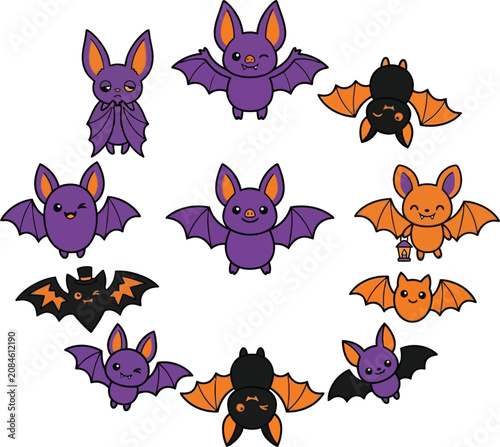 Set of fifteen cute kawaii bats in a circular layout for fun Halloween party graphic elements.