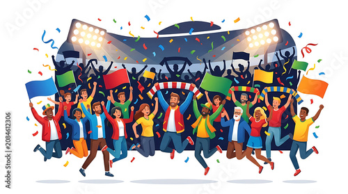 Happy diverse crowd of sports fans cheering and jumping in a stadium
