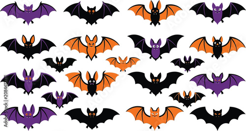 Set of fifteen cute cartoon bats in purple and orange colors for Halloween holiday decorations