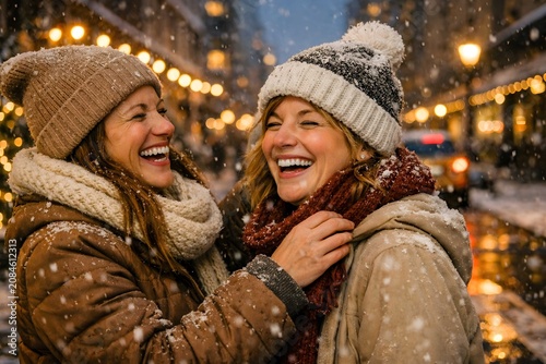 Two joyful female friends laughing together in falling snow on a festive city street, celebrating winter friendship, happiness and seasonal lifestyle