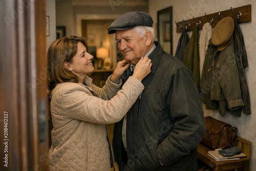Caring middle aged daughter adjusting elderly father's collar before leaving home, showing family love, respect, support and everyday senior care