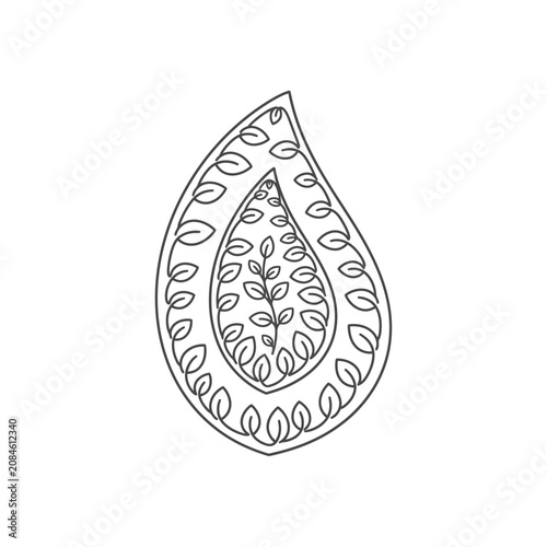 Hand drawn paisley leaf ornament doodle illustration in black and white line art style.