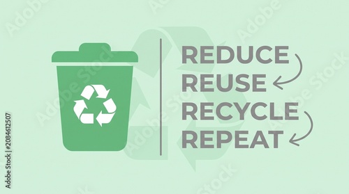Green recycling bin with chasing arrows and reduce reuse recycle text