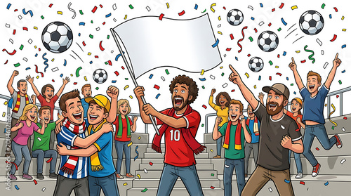 Excited soccer fans cheering and holding a blank flag in a stadium