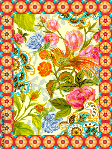 Indian watercolor peacock floral seamless pattern, vintage retro folk tribal botanical background set