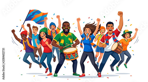 Diverse group of happy sports fans cheering and celebrating with drums