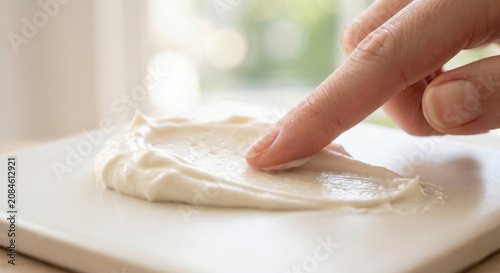 Applying Creamy Texture with Finger on Smooth Surface.
