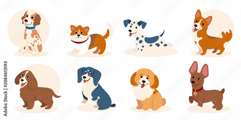 Fototapeta premium cartoon dog breeds collection in colorful vector style dogs art illustration canine variety puppies beagle dalmatian corgi spaniel chihuahua animal pet