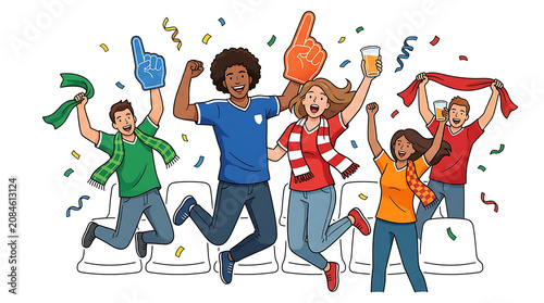 Group of diverse sports fans celebrating victory at a stadium match