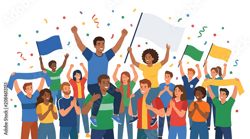 Diverse group of happy fans celebrating victory with flags and confetti