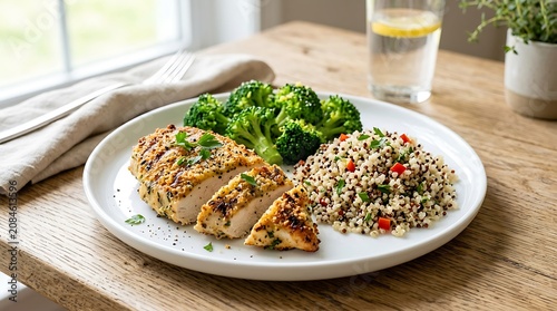 Grilled chicken breast with broccoli and healthy grain salad served on a plate on a wooden kitchen table. romano chicken recipe