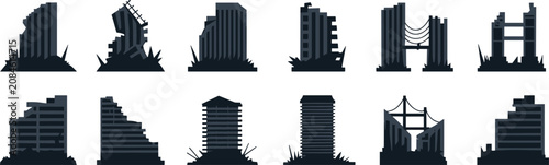 Tableau sur toile Collection of urban ruins silhouettes featuring collapsed skyscrapers, leaning t