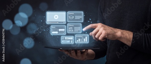 Professional interacting with a digital e learning dashboard interface on a tablet