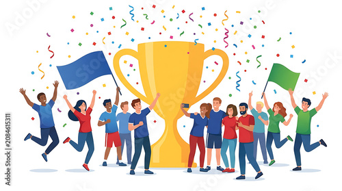 Diverse group of happy people celebrating with a large golden trophy cup