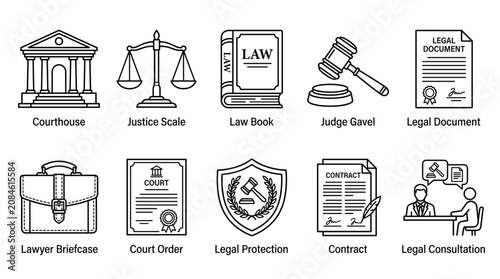 Photos Law and justice icon set, 10 legal line icons including courthouse and judge gav