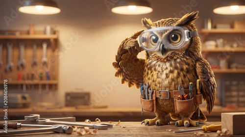 Wise Owl Carpenter with Safety Goggles and Tool Belt in Workshop