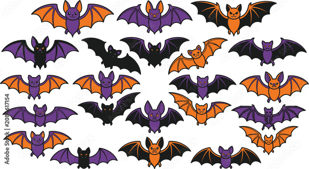 Fototapeta premium Halloween bat collection colorful cartoon bat graphics for spooky season designs