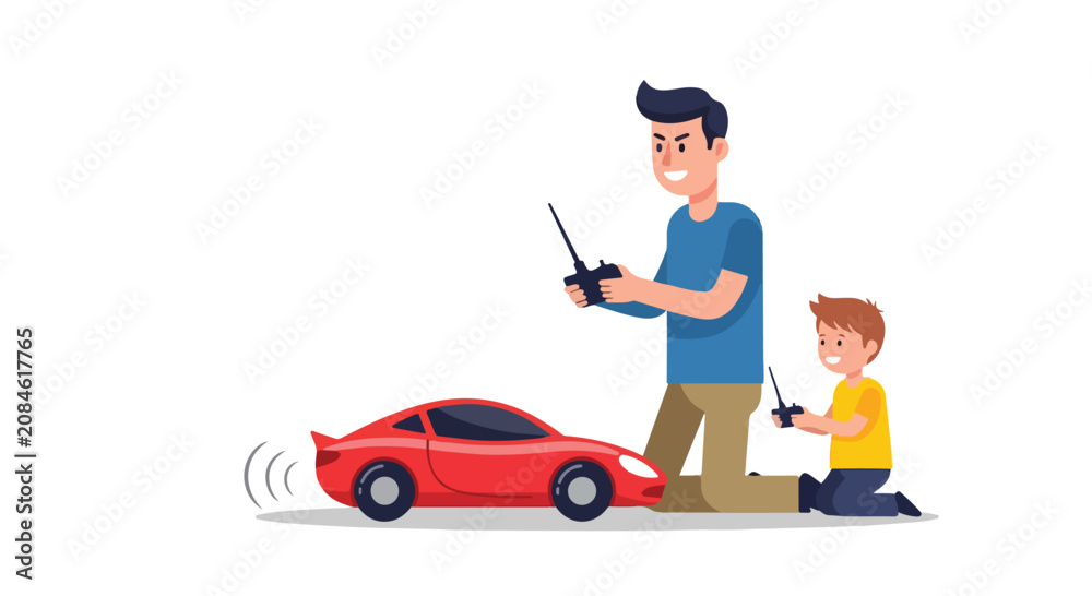 Obraz premium Man and child playing with a red remote controlled car.