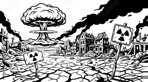 Foto Post apocalyptic city landscape with nuclear explosion and radiation