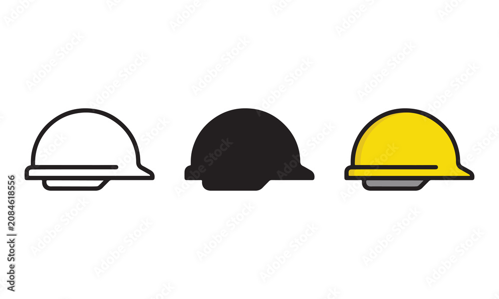 Fototapeta premium Set of three construction hard hat icons featuring line art solid black and colored vector illustrations for industrial safety design projects
