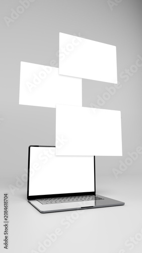 Four laptop screens for mockup. Floating displays in vertical perspective. Blank template for place your web page design, posts, stories. Ready for mock up. 3D Rendering High resolution 8k.