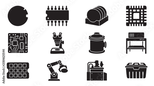 Industrial icons, factory equipment, robotics symbols, manufacturing signs, black vector set