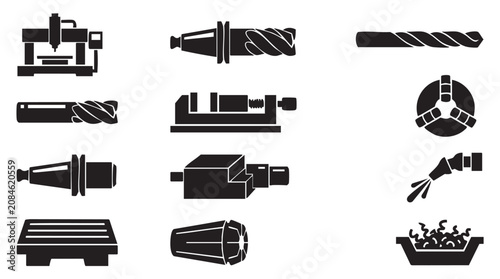 Industrial tools, machinery icons, black vector set, 12 symbols, industrial equipment, manufacturing tools
