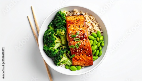 Teriyaki salmon with edamame, brown rice and broccoli in white bowl, white background, top view, ultra-realistic.