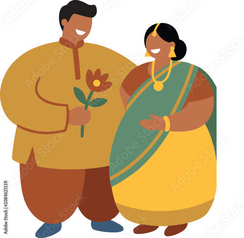 Indian couple in traditional attire with flower. Indian couple in traditional clothing for cultural celebrations