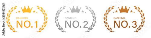 A set of three distinct ranking award badges displaying numbers 1, 2, 3 with elegant laurel wreaths and majestic crowns, ideal for competition results and achievements.