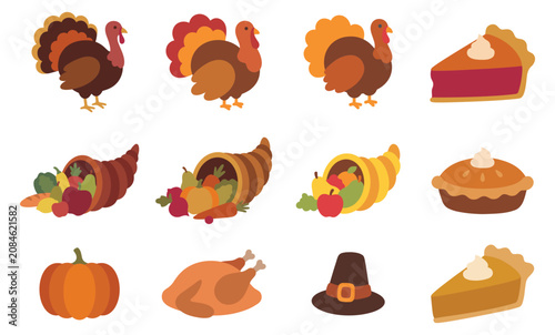 Thanksgiving holiday icon collection. Thanksgiving icons including turkey pumpkin and pie for web projects