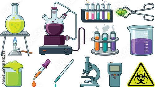 Science Chemistry Laboratory Icon Set with Beakers, Test Tubes, Flasks, Bunsen Burner, Microscope, Dropper, and Biohazard Warning Symbols for Education Design