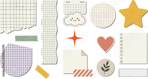 Scrapbook Paper Note Ribbon Element Vector Set with Torn Grid Sheets Washi Tapes Blank Notebook Pages and Memo Sticker Cliparts for Digital Journaling