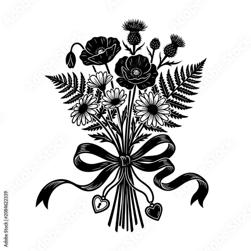 Εκτύπωση καμβά Black and white of a wildflower bouquet featuring poppies, daisies, and thistles