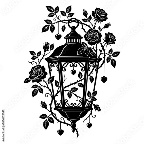 Fotografie Black and white of an ornate vintage street lantern entwined with climbing rose