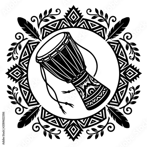 Canvas Print Djembe drum with tribal patterns, feathers, and floral in a circular frame, blac