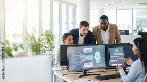 Diverse Business Team Collaborating Intently in Modern Office Space Developing Artificial Intelligence Solutions Through Chatbot Interfaces