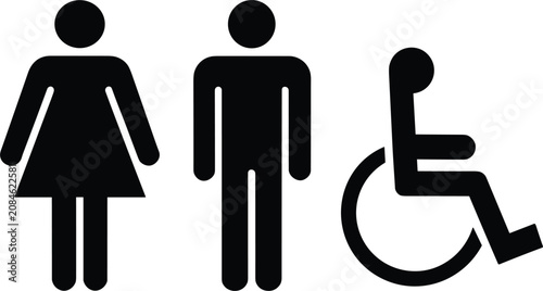 Fotografie Black Silhouettes of Male Female and Wheelchair User Restroom Icons on White mal