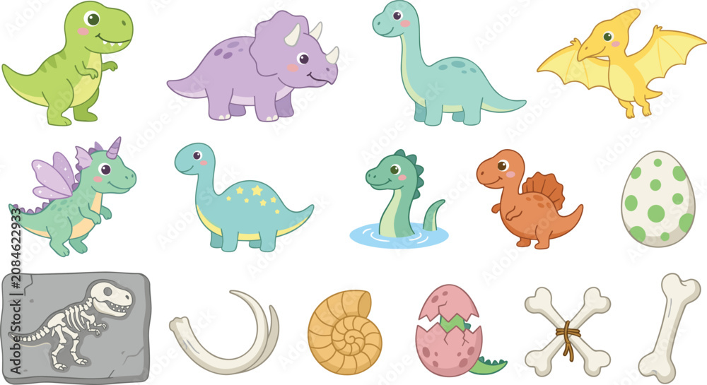 Fototapeta premium Cute Dinosaur Cartoon Character Vector Set with Tyrannosaurus Rex Triceratops Brachiosaurus Pterodactyl Fossil Eggs and Bones Clipart for Kids Design