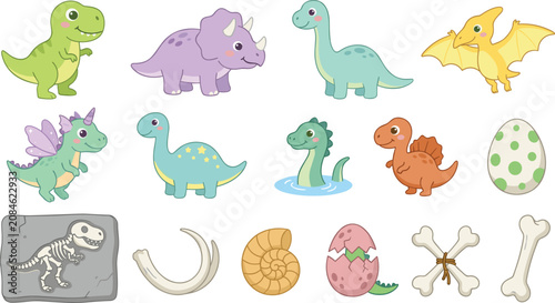 Cute Dinosaur Cartoon Character Vector Set with Tyrannosaurus Rex Triceratops Brachiosaurus Pterodactyl Fossil Eggs and Bones Clipart for Kids Design
