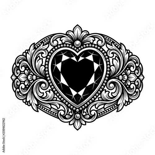 Black and white of a heart shaped diamond gemstone framed by intricate vintage floral scrollwork and flourishes