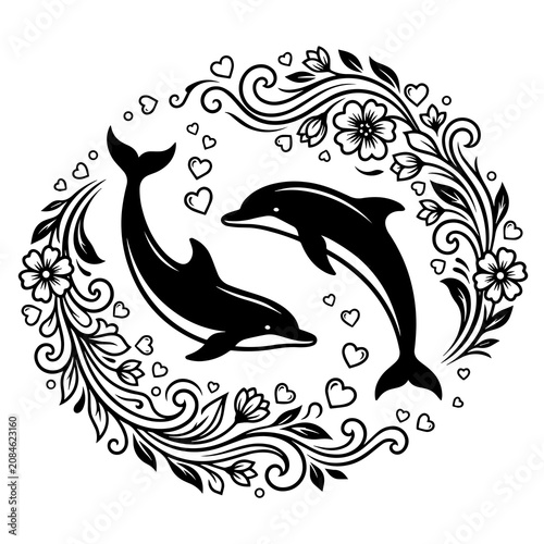 Two dolphins swimming in a circular floral frame with blooming flowers and heart shapes, black and white on white