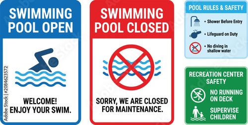 Collection of swimming pool safety and operational signs with clear warnings and instructions