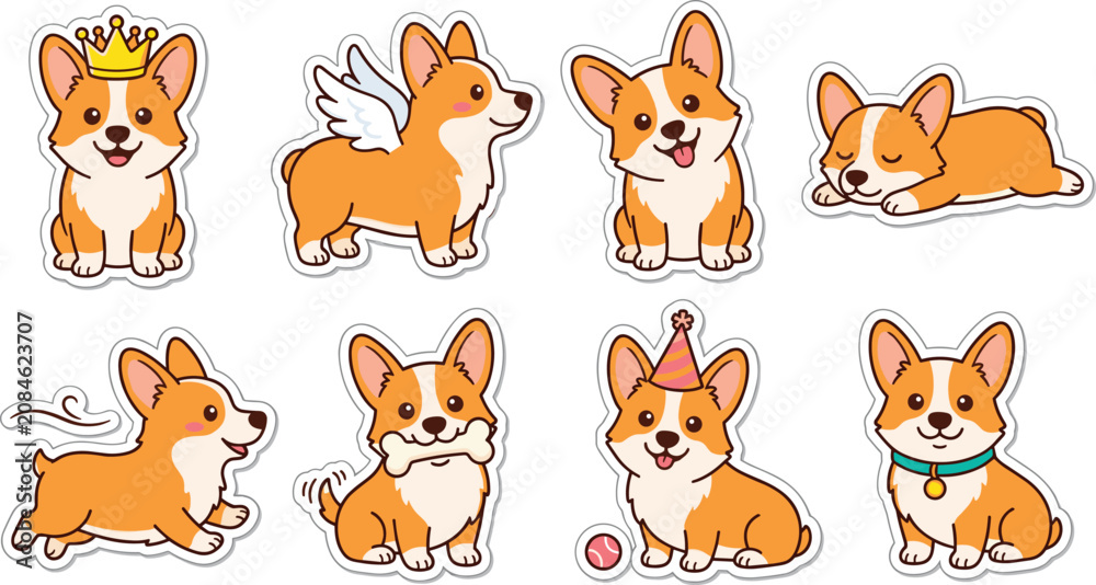 Obraz premium Cute Corgi Dog Sticker Vector Set with Cartoon Puppy Characters in Various Poses Sleeping Running Sitting Wearing Crown and Birthday Hat