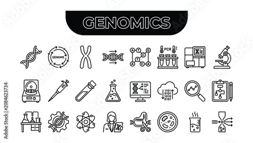 Genomics icons set including DNA sequence chromosome genome laboratory equipment and data analysis tools for biotechnology and molecular science research  genetic engineering and biotechnology symbols