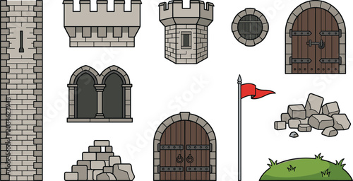 Medieval castle stone wall construction vector elements featuring tall watchtower crenellated battlements gothic windows arched wooden doors red flag and rubble piles