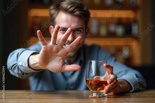 A strong representation of someone confidently rejecting a glass of whiskey, illustrating their choice to embrace sobriety.