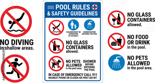 Pool safety signs with rules for no diving no glass and no pets in bright daylight